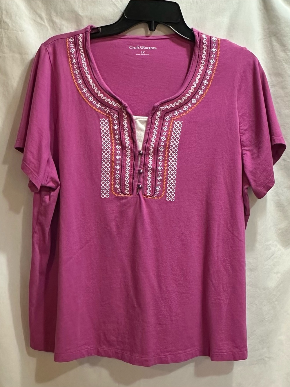 croft & barrow Magenta Embroidered Split-Neck Short Sleeve Top
